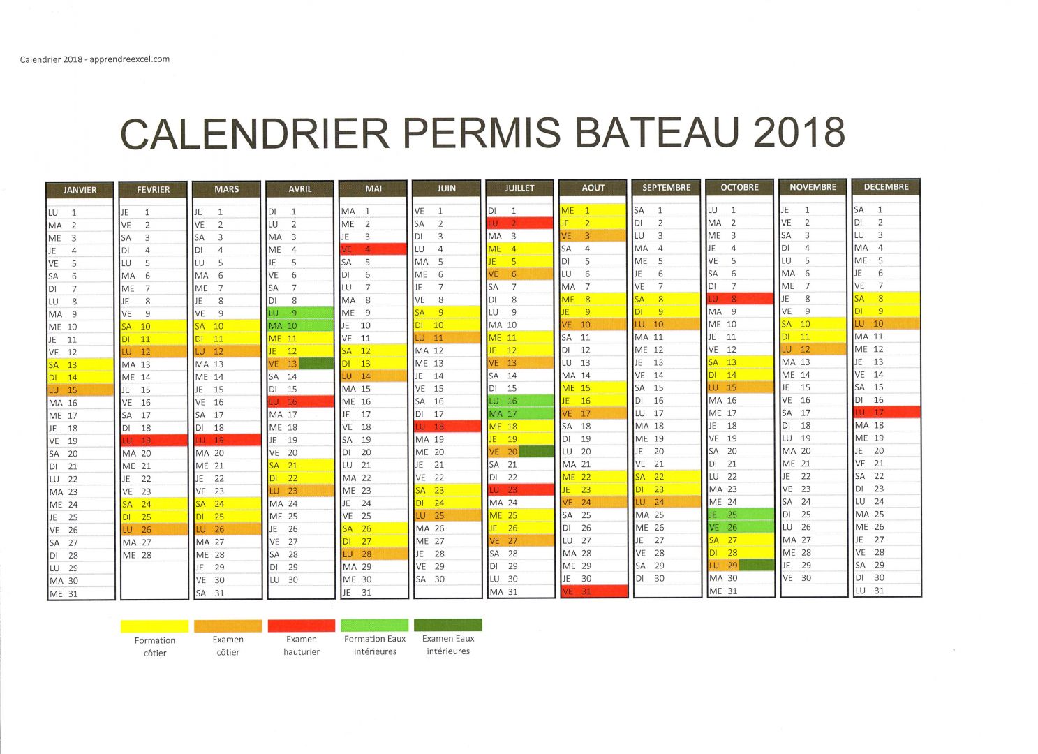 Calendrier permis bateau 2018